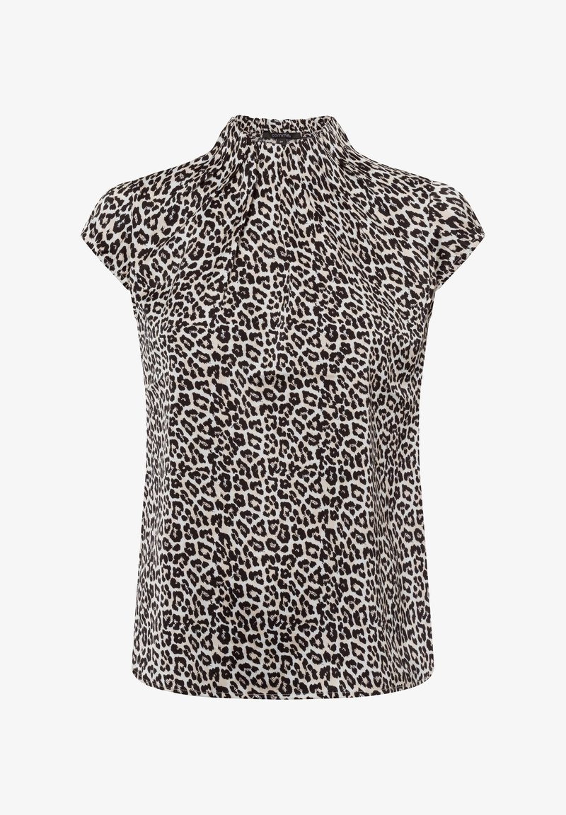 Tiermuster-Bluse aus leichtem Stoff mit hohem Kragen, kurzen Ärmeln und einem beigen Hintergrund mit schwarzen Leopardenflecken.