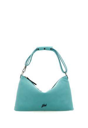 Borsa a tracolla in pelle turchese con doppio cinturino, chiusura con cerniera e piccolo logo nero al centro davanti.