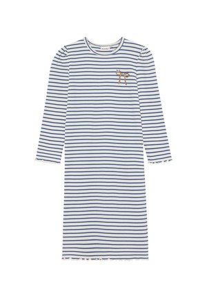 Blå- og hvidstribet kjole med lange ærmer og rund halsudskæring, med et brunt bånddetalje på brystet og frynsede kanter.