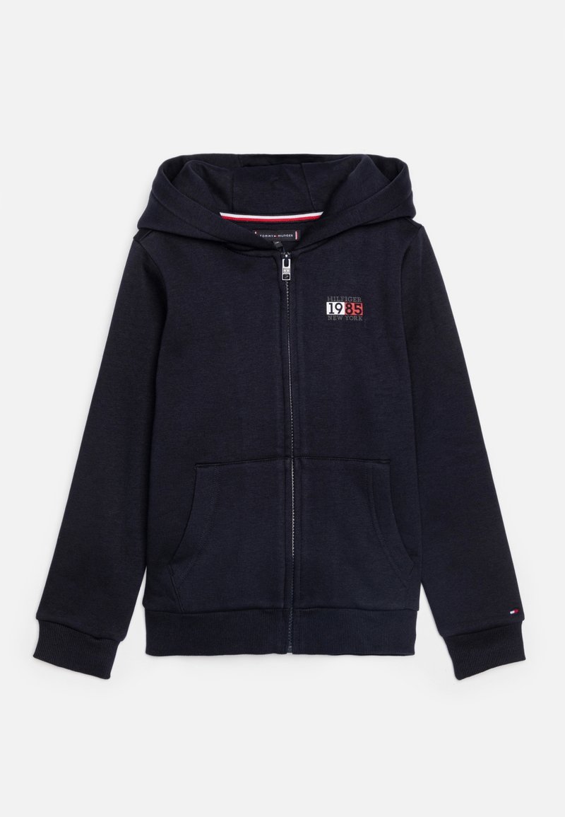 Marineblaue Kapuzenjacke aus Baumwollmischung, mit einem vorderen Grafikdruck "1985" und "NEW YORK" sowie zwei Seitentaschen.