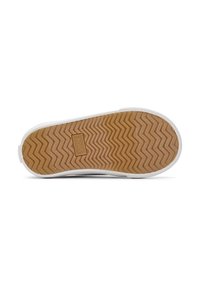 Rubberen sneaker zool met een gestructureerd, zigzagpatroon in beige, een witte zijkant en een geperst logo-detail.