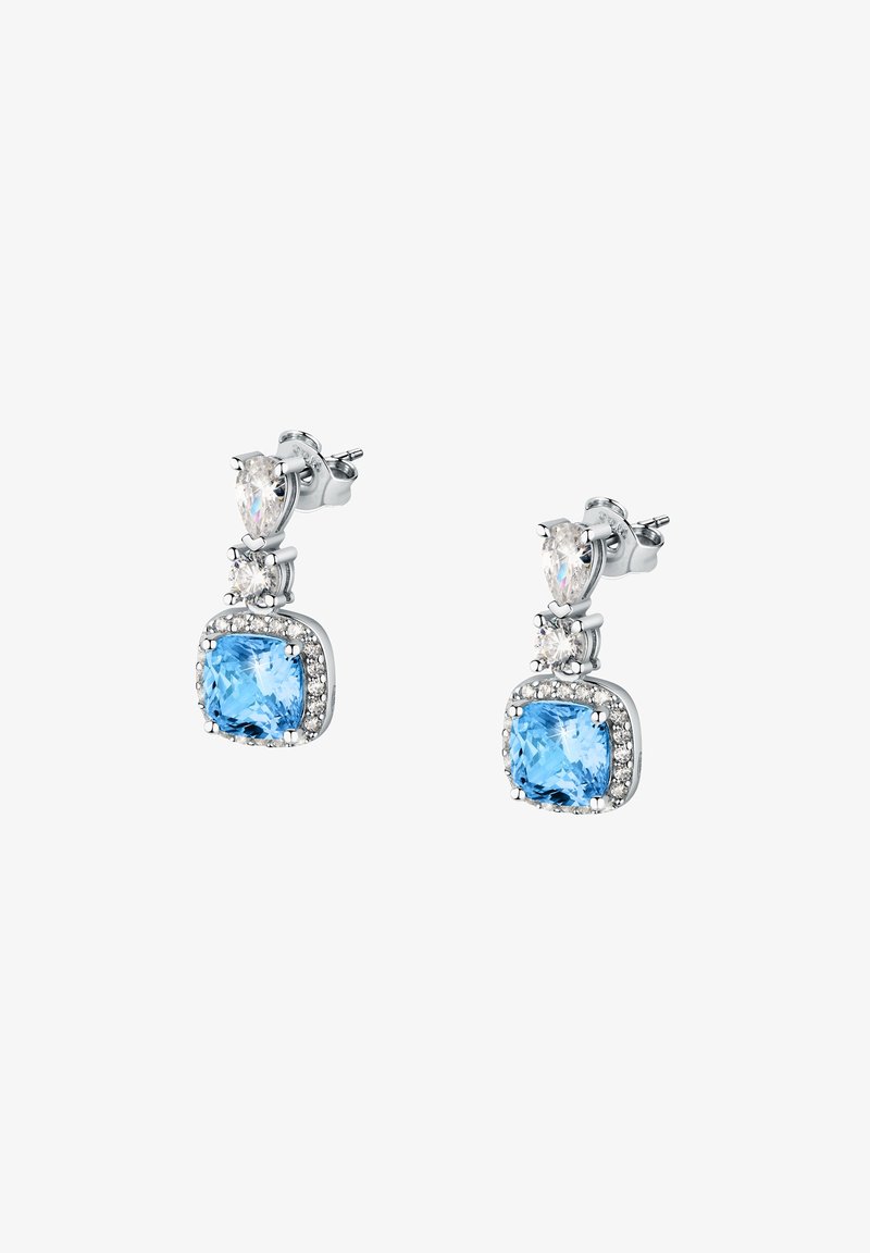 Silver earrings with a square blue stone, surrounded by smaller clear stones. Features a pear-shaped accent above the central stone.