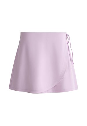 Vaaleanvioletti kietaisutyylinen minihame, jossa kaareva helma ja sivulle solmittava suljenta valkoisella taustalla.