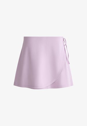 Light purple wrap-style mini skirt with curved hem and side tie closure on white background.