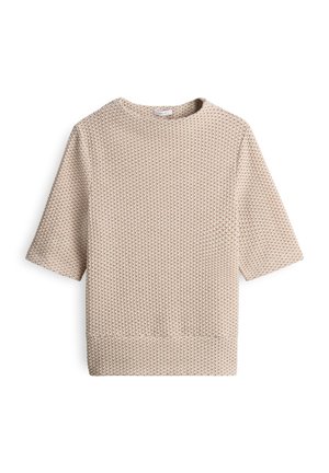 Beige knit short-sleeve sweater with a textured honeycomb pattern and a round neckline, displayed on a white background.