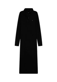 Robe longue noire en tissu doux, dotée d'un col polo, de trois boutons au niveau du col et de manches longues. Design simple, sans motifs.