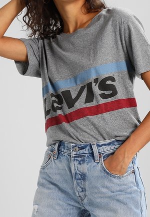 Kobieta ubrana w szarą koszulkę Levi's z niebieskimi i czerwonymi paskami, włożoną w jasne, jasnoniebieskie dżinsy z wysokim stanem, z jedną ręką w kieszeni.
