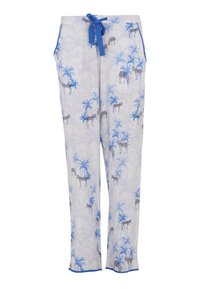 Lichte pyjamabroek in het wit met een blauw tropisch palmen- en zebra-patroon, met een blauwe trekkoord in de taille en zijzakken.