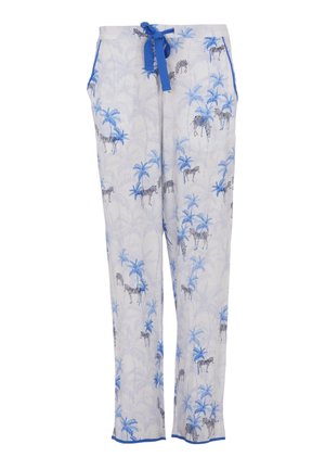 Lichte pyjamabroek in het wit met een blauw tropisch palmen- en zebra-patroon, met een blauwe trekkoord in de taille en zijzakken.