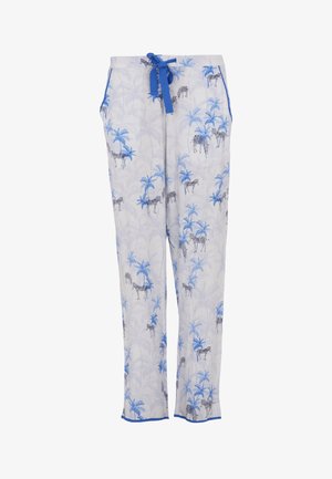 Pantaloni da pigiama leggeri di colore bianco con un motivo tropicale di palme e zebre blu, dotati di una cintura con coulisse blu e tasche laterali.