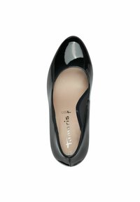 Pompe en cuir verni noir avec un bout arrondi, texture lisse et semelle intérieure rembourrée. Logo imprimé sur l'intérieur beige. Taille 37.