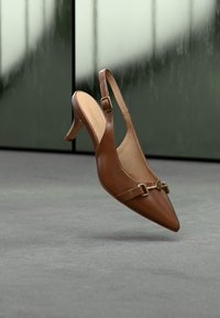 Chaussure bride arrière marron à bout pointu, finition en cuir brillant, détails en métal doré, et talon fin.