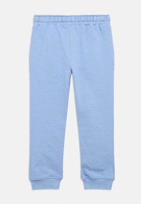 Pantalones de moletom leves de cintura elástica azul claro com punhos canelados, exibidos de forma plana sobre um fundo branco.