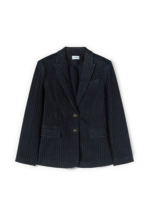 Blazer à fines rayures noires avec revers crantés, deux boutons à l'avant et trois poches à rabat, disposé à plat sur un fond blanc.