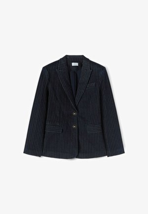 Blazer de rayas negras con solapas con muesca, dos botones delanteros y tres bolsillos con solapa, colocado sobre un fondo blanco.