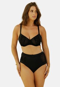Ensemble bikini noir avec un panneau en maille à imprimé léopard sur le soutien-gorge et un bas taille haute. Bretelles réglables et finition texturée.