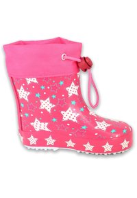 Roze rubberen regenlaars met een ronde neus, voorzien van witte en blauwe sterpatronen, een trekkoord aan de bovenkant en een gestructureerde zool voor grip.