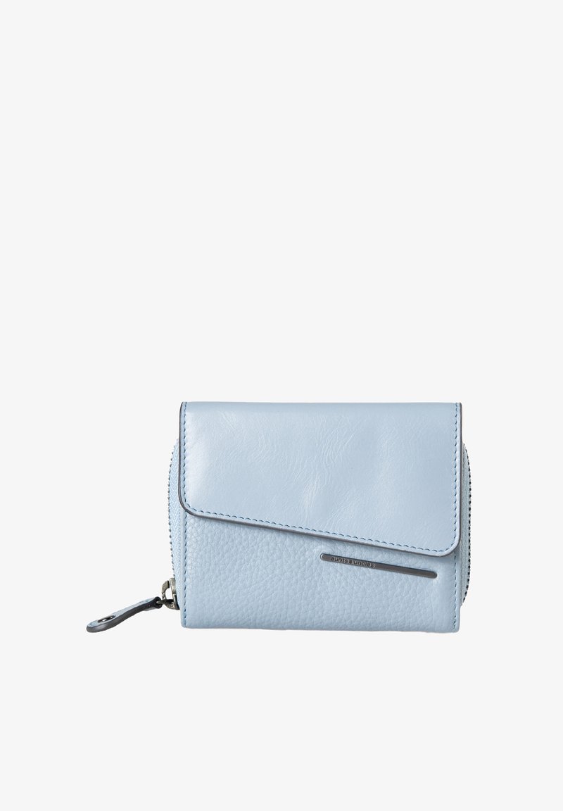 Light blue leather wallet with a textured finish, featuring a flap closure, zipper compartment, and a metallic accent on the front.