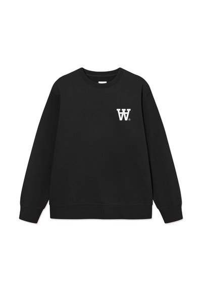 Sweat-shirt noir en coton avec manches longues, poignets et ourlet côtelés. Présente un logo blanc sur le côté gauche de la poitrine. Conception classique à col rond.