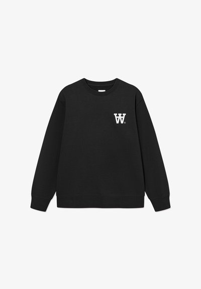 Sweat-shirt noir en coton avec manches longues, poignets et ourlet côtelés. Présente un logo blanc sur le côté gauche de la poitrine. Conception classique à col rond.