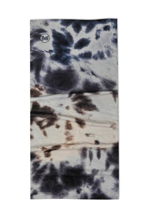 Buff Nackenwärmer im Batikmuster mit dunklen Blau-, Braun- und Weißtönen. Weicher Stoff mit glatter Textur und flexibler Form.