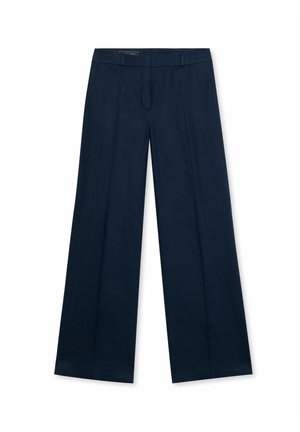 Marineblaue, maßgeschneiderte, weit geschnittene Hose mit Gürtelschlaufen, flacher Vorderseite und gebügelten Bügelfalten auf weißem Hintergrund.
