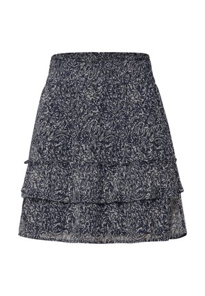 Gonna corta in blu navy con motivo floreale, dotata di due strati arricciati, vita elastica e tessuto leggero.