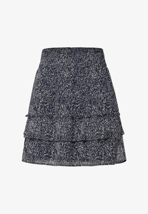 Falda azul marino con estampado floral, con dos capas con volantes, cinturilla elástica y fabricada en un tejido ligero. Longitud corta.