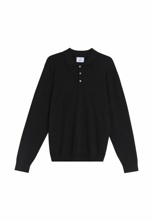 Zwarte lange mouwen polo met een kraag, drie knoopsluitingen en ribgebreide manchetten. Gemaakt van zachte stof met een gladde textuur.