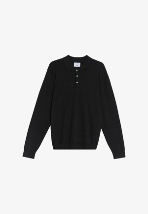 Polo shirt noir à manches longues avec un col, une patte de boutonnage à trois boutons et des poignets côtelés. Fabriqué en tissu doux avec une texture lisse.