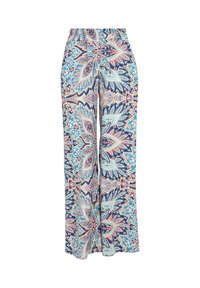 Pantalon large à taille haute et jambes larges, décoré de grands motifs floraux et géométriques bleus, rouges et blancs.