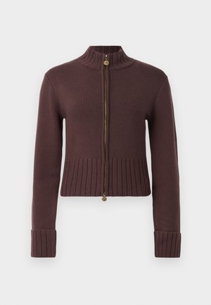 Mørkebrun ribstrikket zip-up cardigan med høj krave, lange ærmer og blomsterformede lynlåstrækkere.