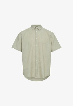 Cămașă cu mânecă scurtă, în bicarbonat deschis din in, cu guler clasic, croială dreaptă și textură subtilă. Are nasturi pe față și o tiv rotunjit.