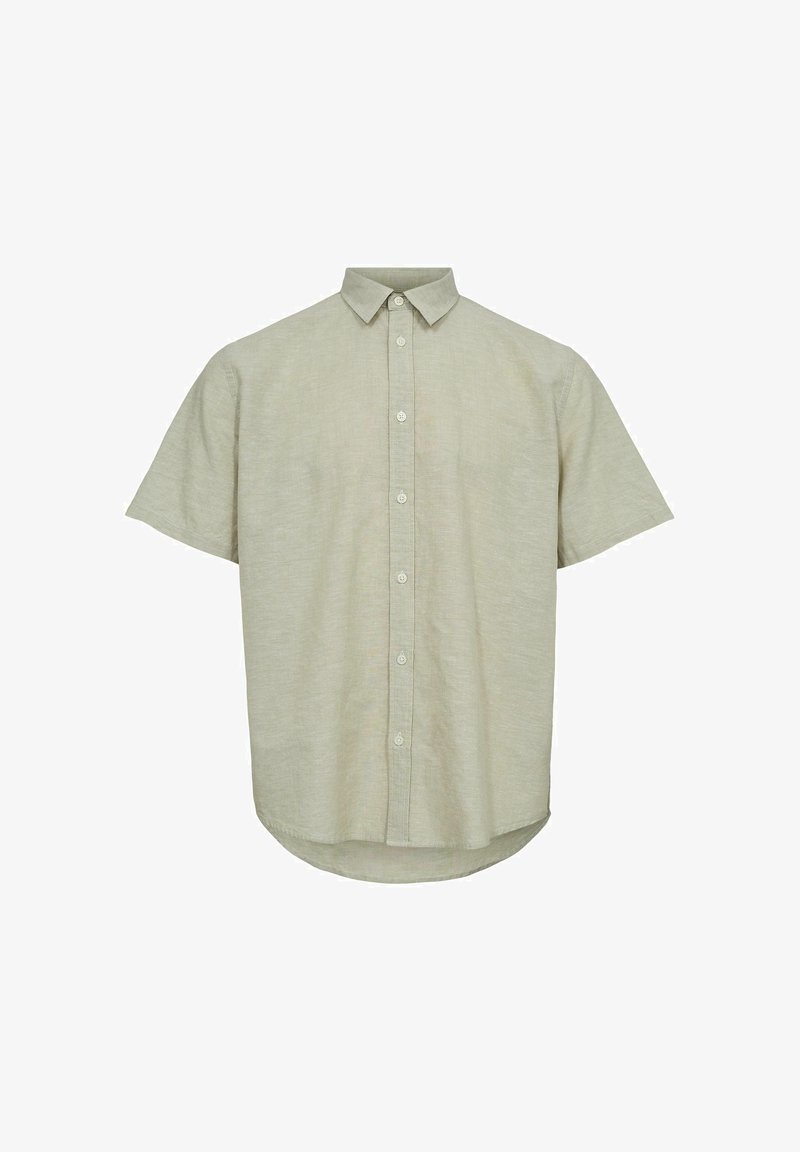 Cămașă cu mânecă scurtă, în bicarbonat deschis din in, cu guler clasic, croială dreaptă și textură subtilă. Are nasturi pe față și o tiv rotunjit.