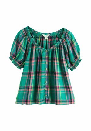 Green plaid short-sleeve blouse with a button-down front, elastic neckline, and ruffled sleeve cuffs.
