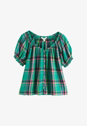 Groen geruite blouse met korte mouwen, een knoopsluiting aan de voorkant, een elastische halslijn en geruite mouwboorden.