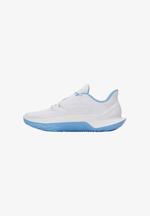 White athletic shoe with a textured upper and light blue accents. Features a thick sole with a wave pattern and lace-up closure.