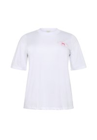 T-shirt en coton blanc à manches courtes, avec un texte brodé rose sur le devant. Encolure arrondie et coupe décontractée.