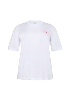 White cotton t-shirt with short sleeves, featuring pink embroidered text on the front. Rounded neckline and relaxed fit.