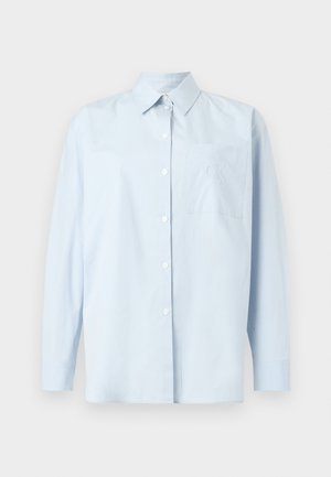 Hellblaues, langärmliges Hemd aus Baumwollstoff mit Knopfleiste. Verfügt über eine Brusttasche mit gesticktem Logo, klassischen Kragen und geraden Schnitt.