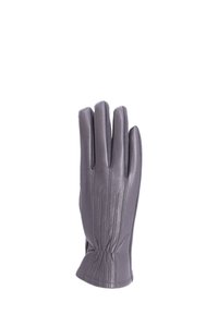 Guanto in pelle grigio singolo con dettagli cuciti, mostrato con il palmo verso il basso su uno sfondo bianco.