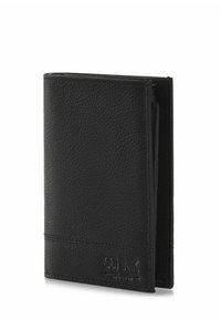 Czarny skórzany portfel o fakturowanym wykończeniu, w designie składanym, z wytłoczonym logo i prostym poziomym przeszyciem z przodu.