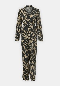 Combinaison à manches longues en imprimé animal beige et noir. Dotée d'un col, de boutons sur le devant, d'une taille ceinturée et d'une silhouette à jambes larges.