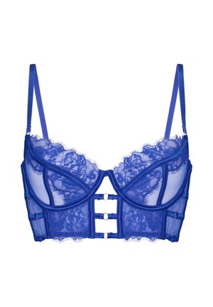 Blauwe kanten lange beha met verstelbare bandjes, beugelcups en haak- en oogsluitingen aan de voorzijde in het midden.