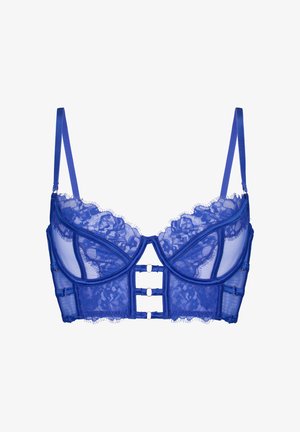 Blauer Spitzen-Lang-BH mit verstellbaren Trägern, Bügel-Cups und Haken-Ösen-Verschlüssen vorne in der Mitte.