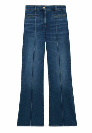 Mørkeblå højhalsede denimjeans med forstingsyninger, vide ben, bæltestropper, knaplukning og horisontale slidserlommer.