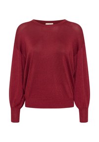 Pull en tricot rouge à manches longues avec un col rond et des poignets ajustés, présenté sur un fond blanc.