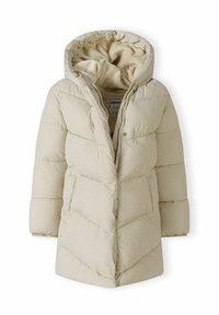 Manteau en duvet beige avec capuche, doté d'un design matelassé, d'une doublure douce, d'une fermeture éclair et de poches latérales. Surface texturée avec un motif en chevrons.