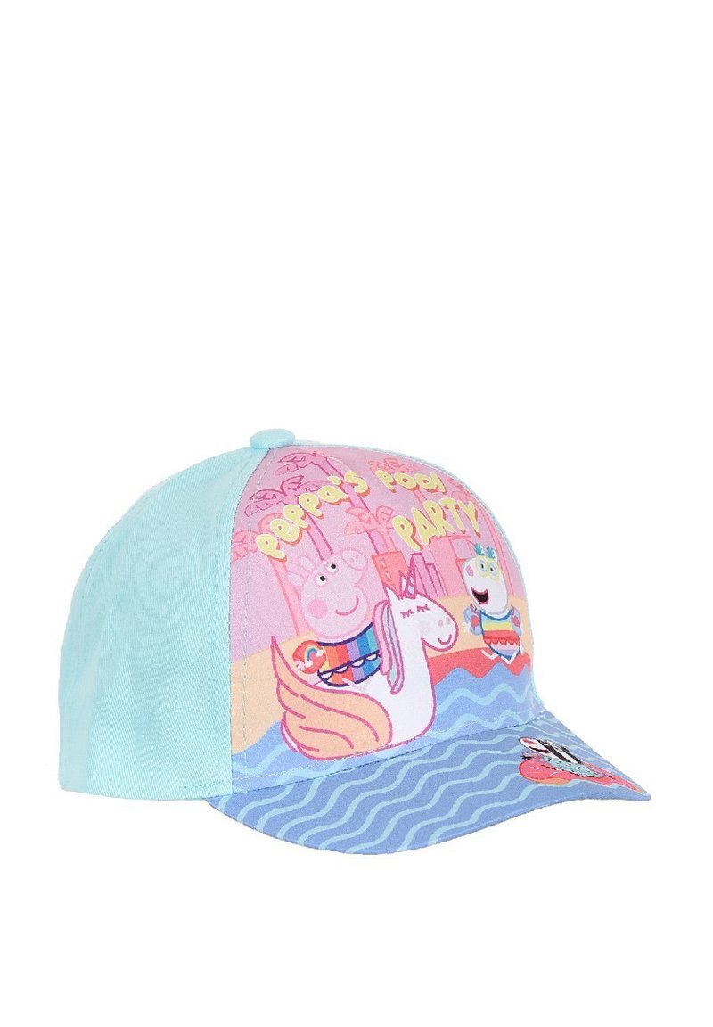 Cap mit einem blauen Netzrücken und einer pinken Vorderseite, die Cartoonfiguren vor einem Strandhintergrund zeigt, darunter ein Einhorn und der Text "Peppas Poolparty."