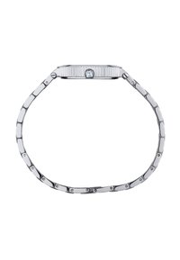 Sølvarmbånd med en rektangulær plade, struktureret overflade og en enkelt ædelsten i centrum. Kæde-design med poleret finish.